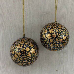 2 Blue Gold Handmade Paper Mache Christmas Balls Made in India DAMAGED